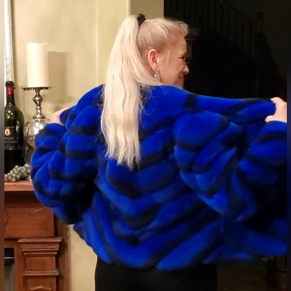 NWT Brilliant Sapphire Blue & Black Rex Chinchilla Fur Coat L/XL - Picture 1 of 17